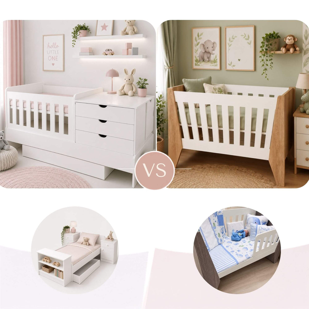Comparison of a 5-in-1 Baby Bedroom in a Box cot with built-in drawers and changing area versus a traditional wooden baby cot in a nursery.