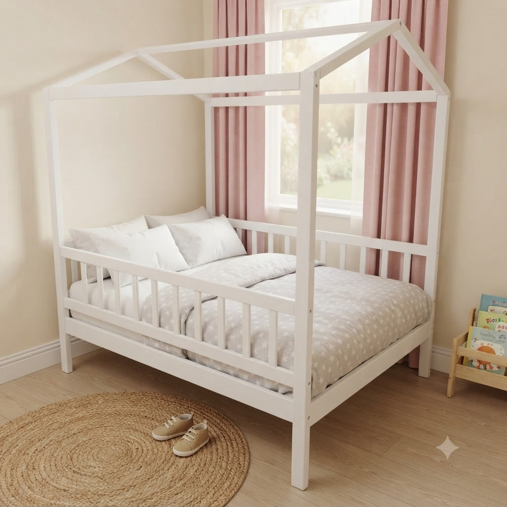 A white wooden house-shaped canopy bed with a slatted guard rail, styled with white and light gray patterned bedding, pillows, and a matching duvet in a child's bedroom with pink curtains.
