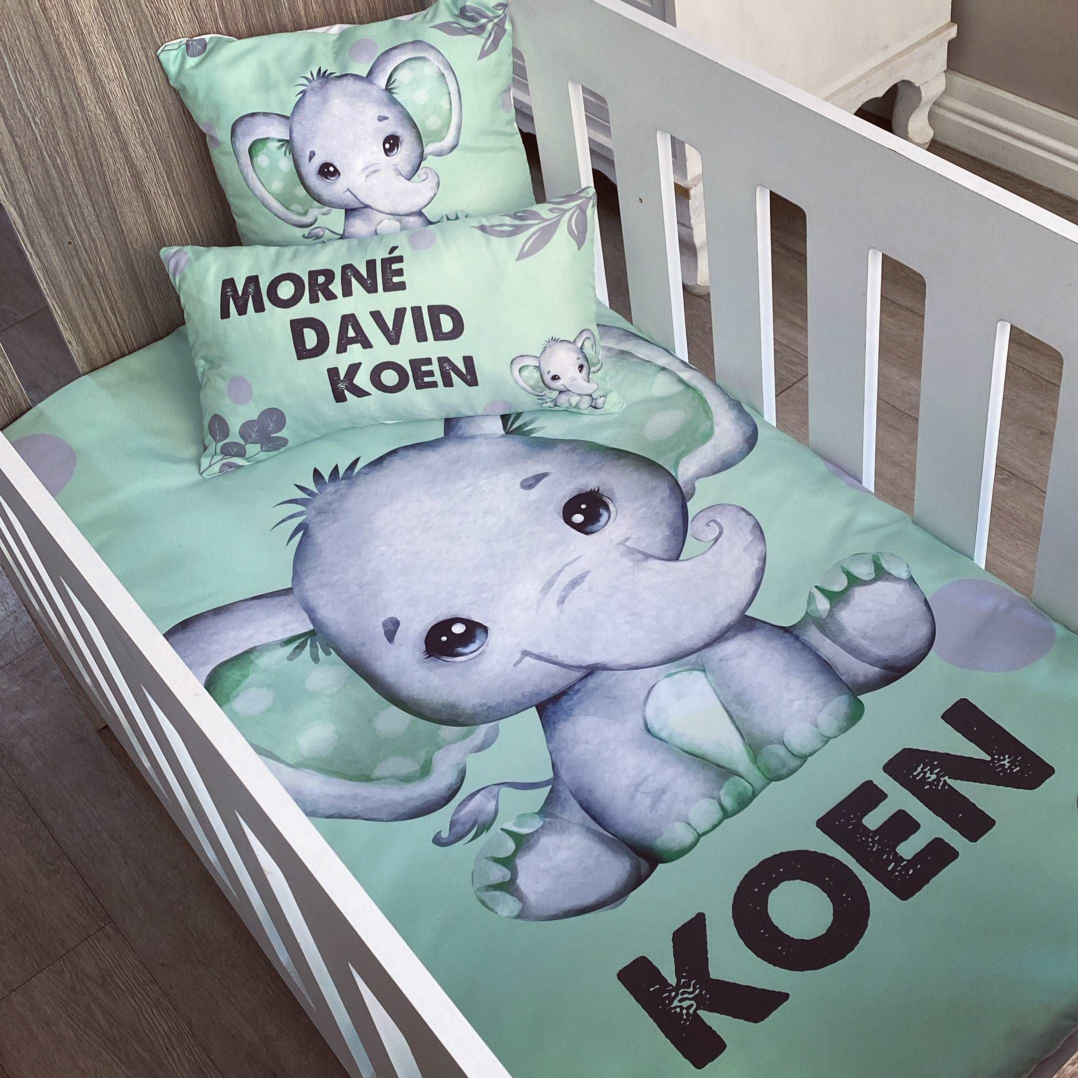 Cot Bedding - Green Grey Elephant Set 01 baby neutral nursery linen set South Africa