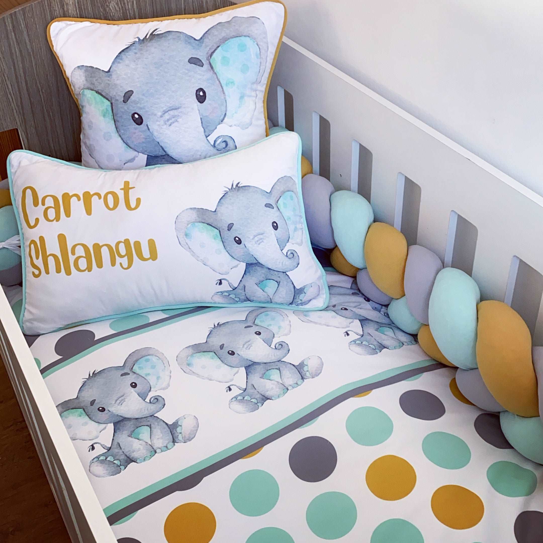 Cot Bedding - Mustard Mint Elephant Set baby neutral nursery linen set South Africa