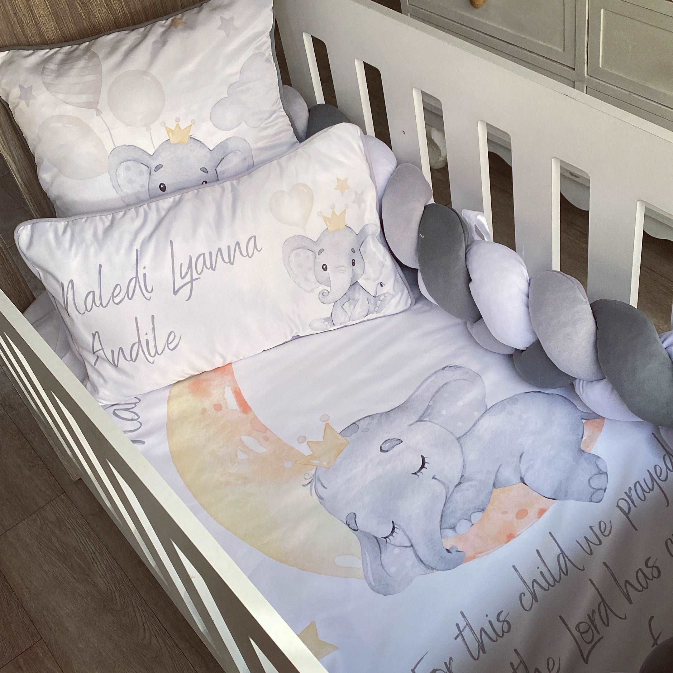 Cot Bedding - Grey Elephant Set 01 baby neutral nursery linen set South Africa
