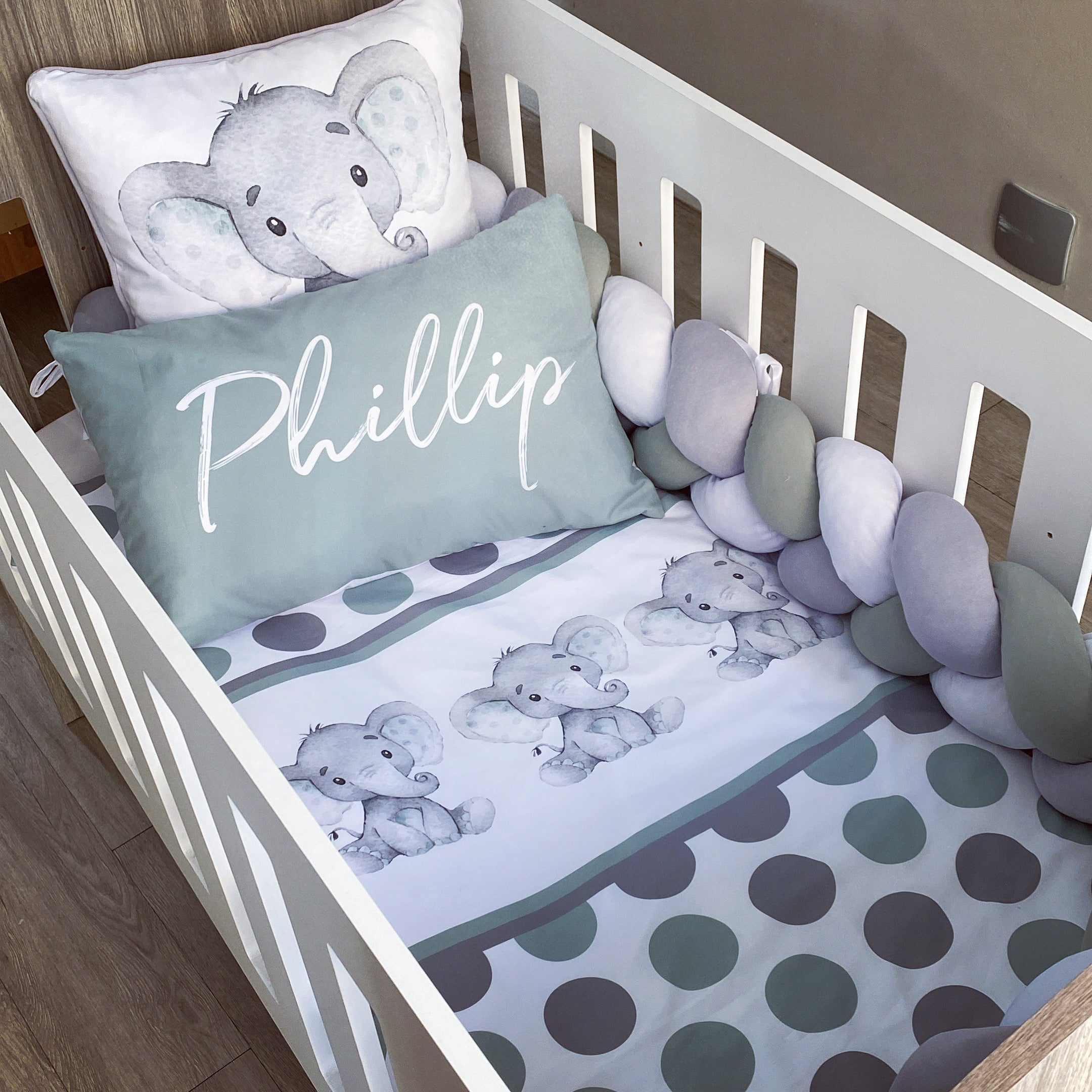 Cot Bedding - Sage Elephant Set 03 baby neutral nursery linen set South Africa