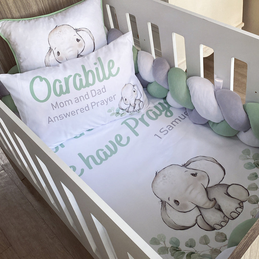 Cot Bedding - Sage Elephant Set 04 baby neutral nursery linen set South Africa