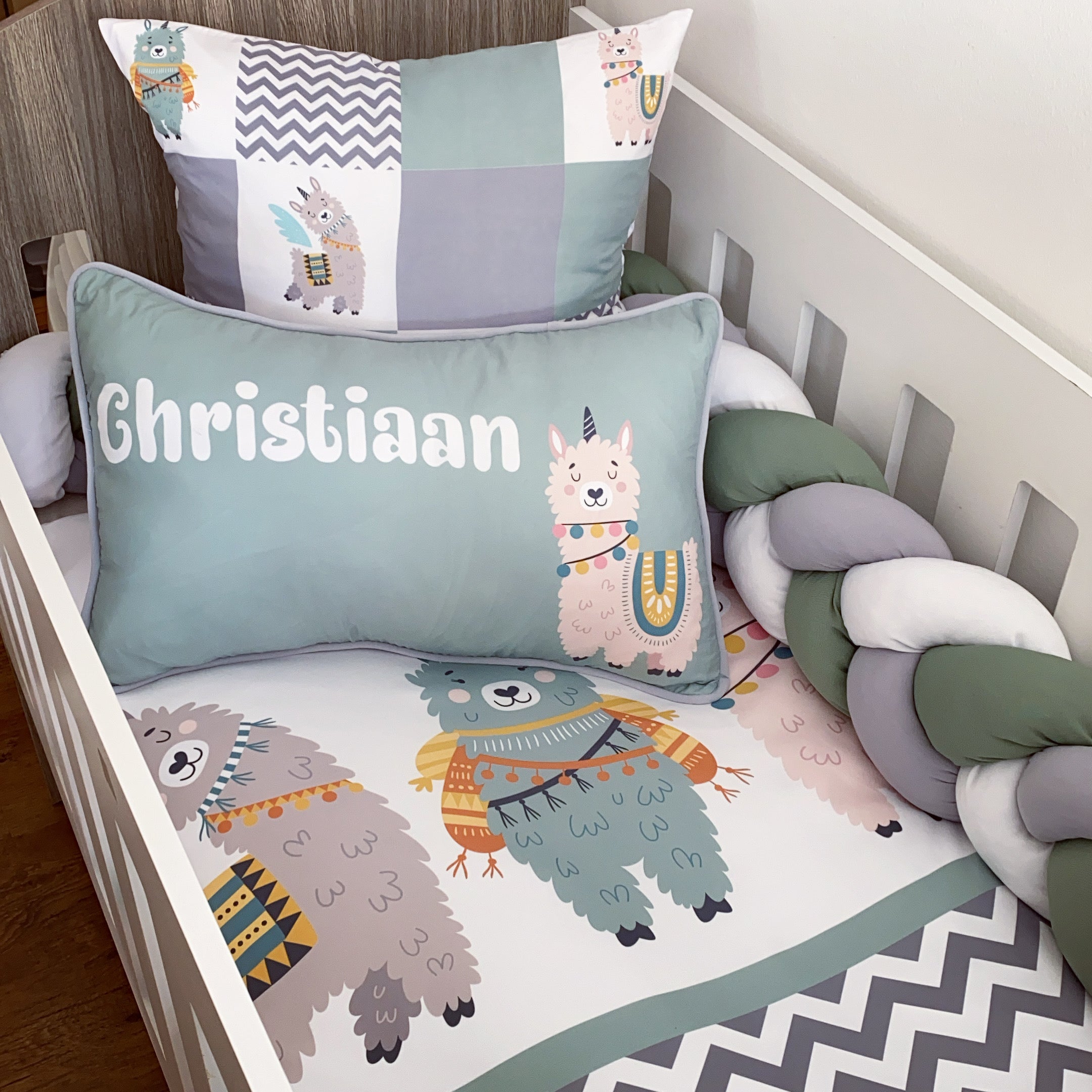 Cot Bedding - Sage Llama Set 01 baby neutral nursery linen set South Africa
