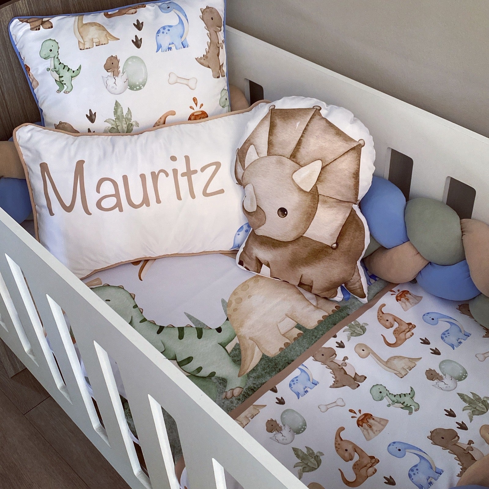 Cot Bedding - Blue Sage Dinosaur Set 01 baby boy nursery linen set South Africa