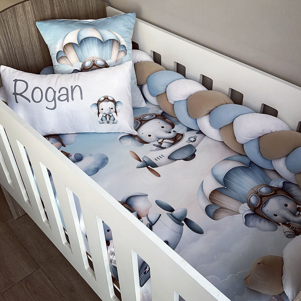 Cot Bedding - Blue Elephant Plane Set 01 baby boy nursery linen set South Africa