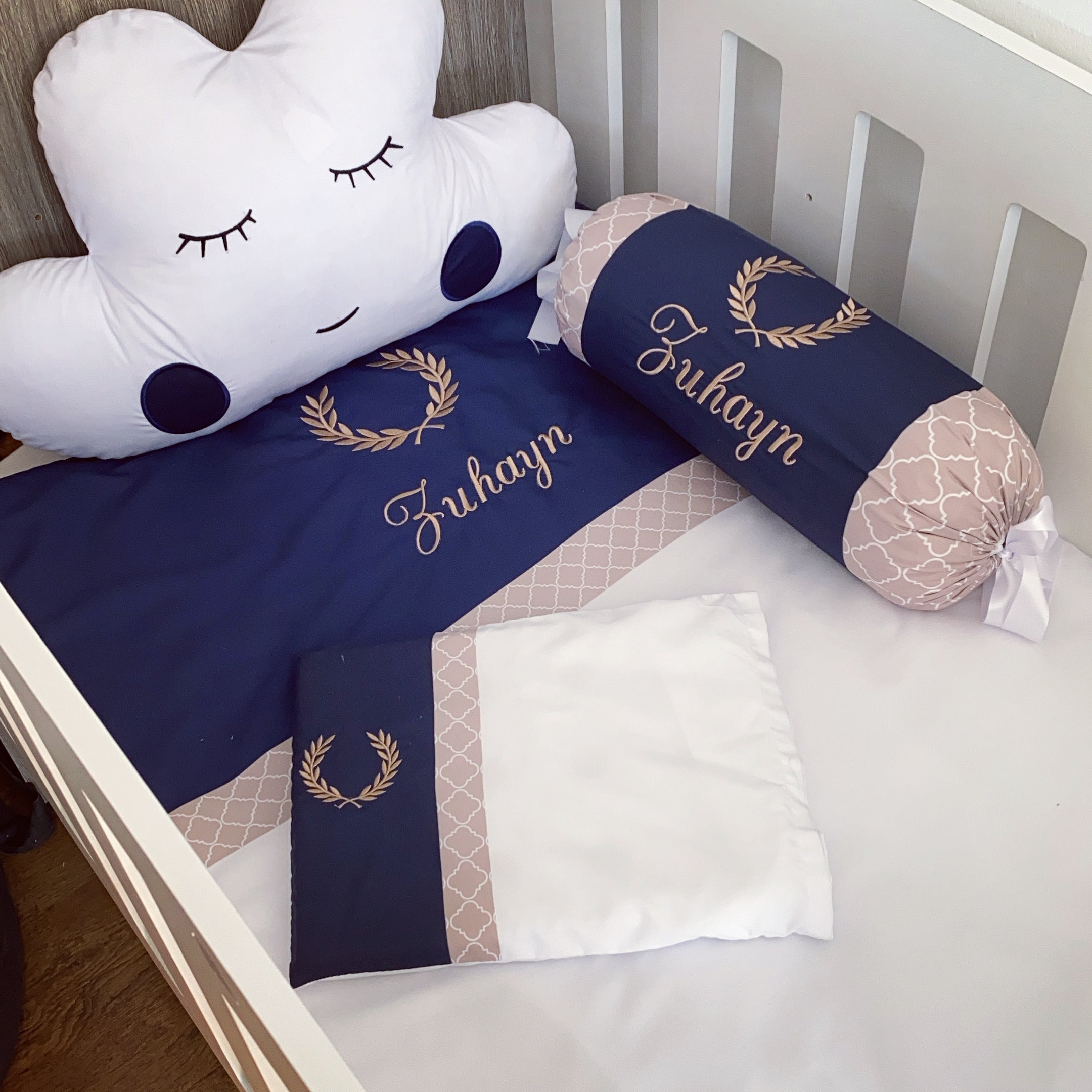 Cot Bedding - Wreath Embroidered Navy Set 01 baby neutral nursery linen set South Africa