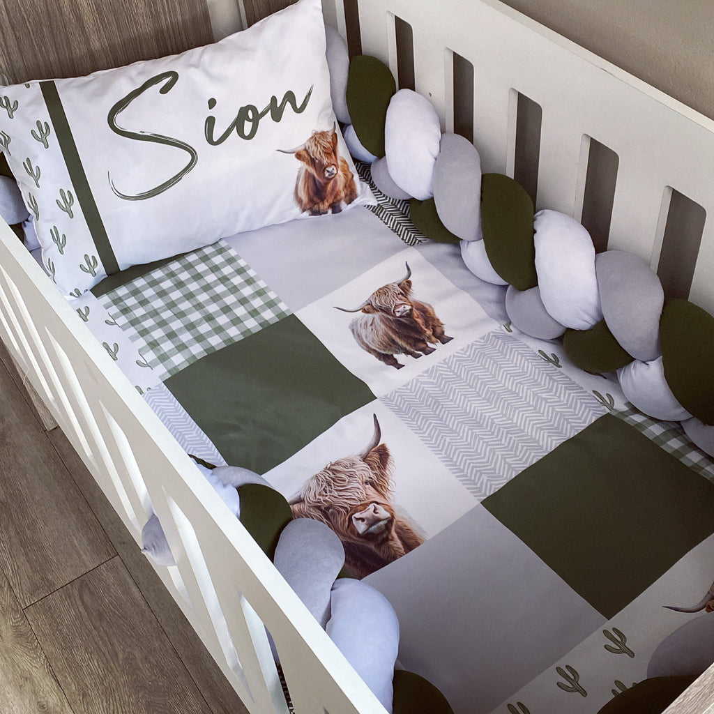 Cot Bedding - Olive Grey Highland Cow Set 01 baby boy nursery linen set South Africa