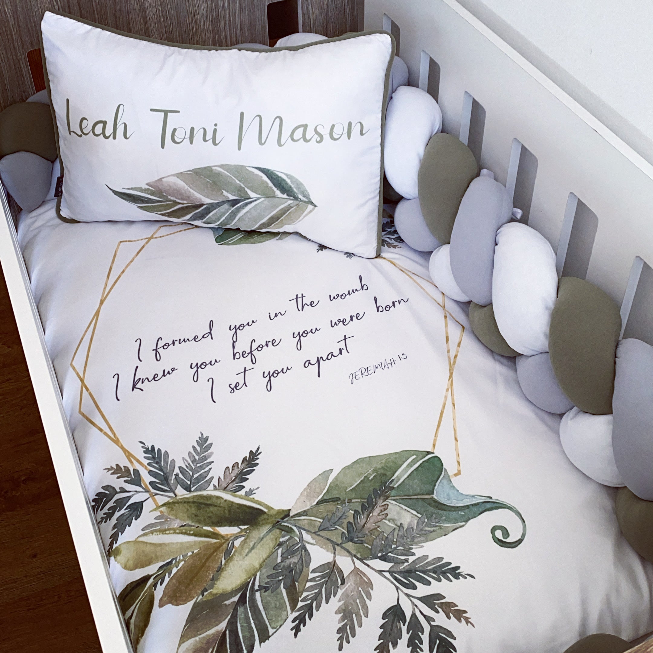 Cot Bedding - Leaf Bible Verse Set 01 baby neutral nursery linen set South Africa