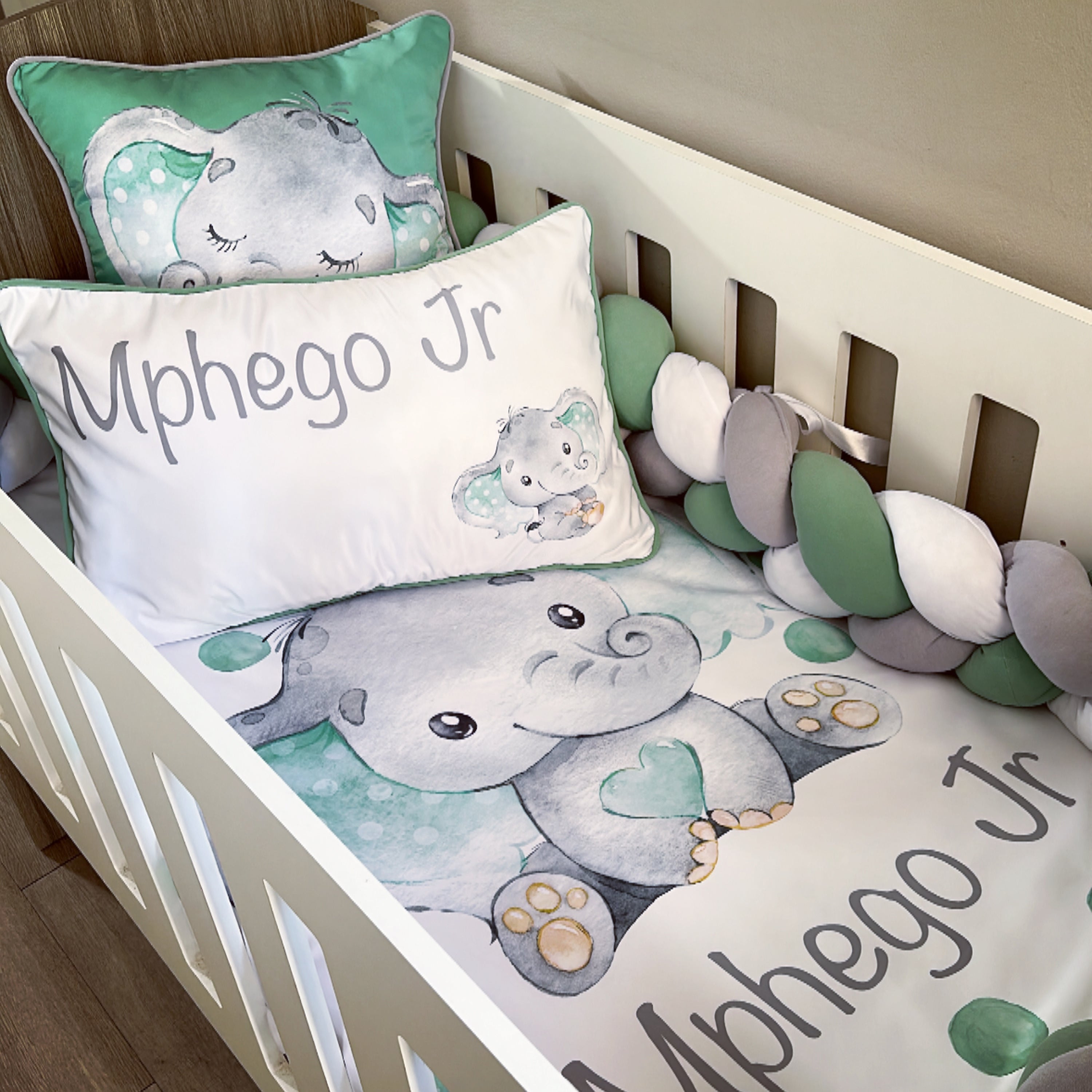 Cot Bedding - Green Elephant Set 01 baby neutral nursery linen set South Africa