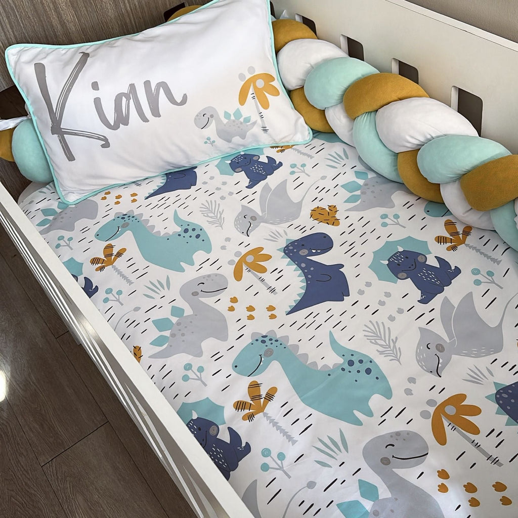 Cot Bedding - Blue Mustard Dinosaur Set 02 baby boy nursery linen set South Africa