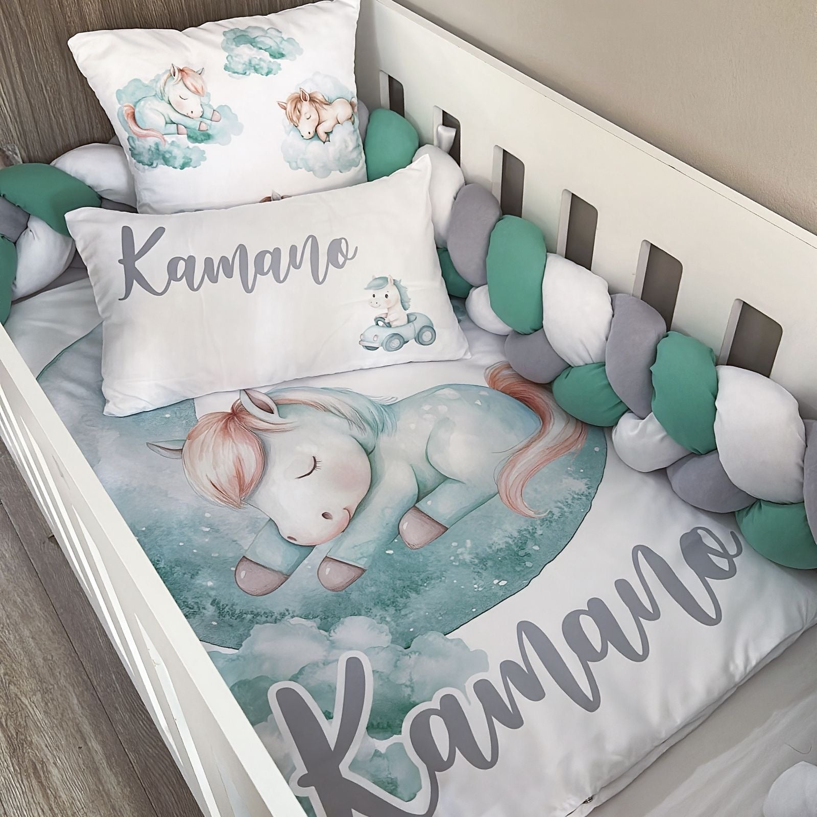 Cot Bedding - Green Horse Set 01 baby neutral nursery linen set South Africa