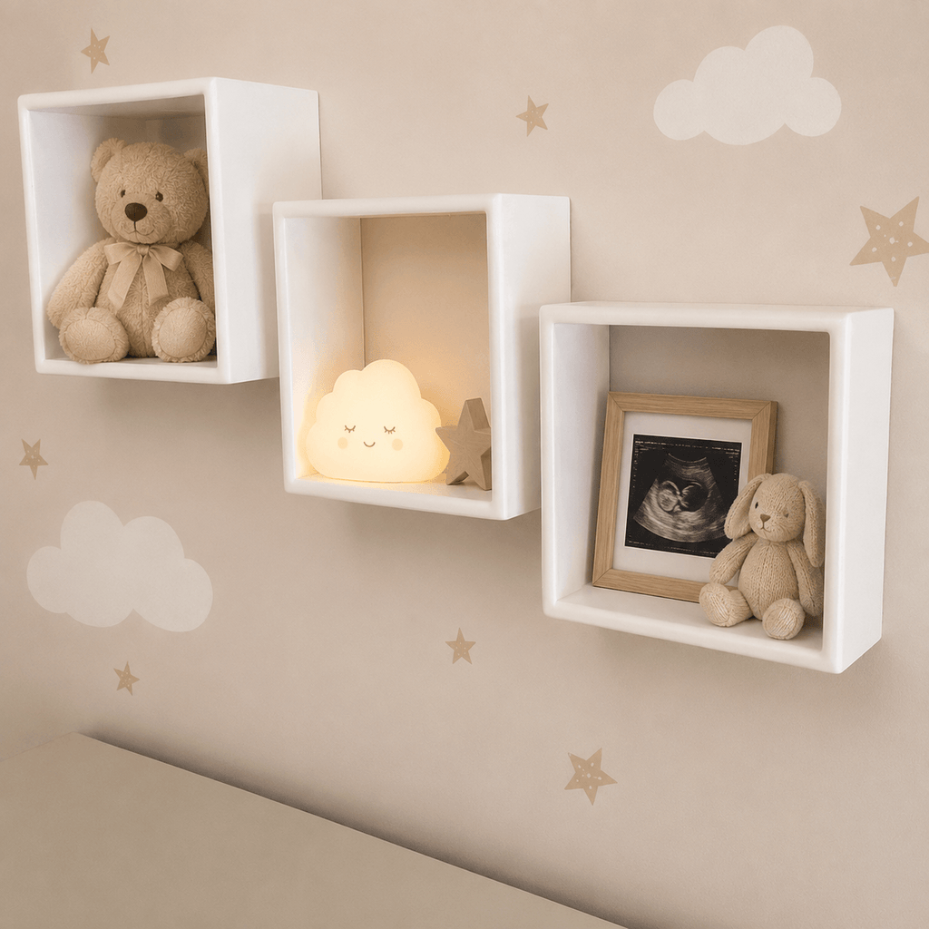 Three white square floating wall shelves mounted on a beige wall with cloud and star decals. The shelves display a teddy bear, a glowing cloud night light, and a framed ultrasound photo next to a plush bunny.