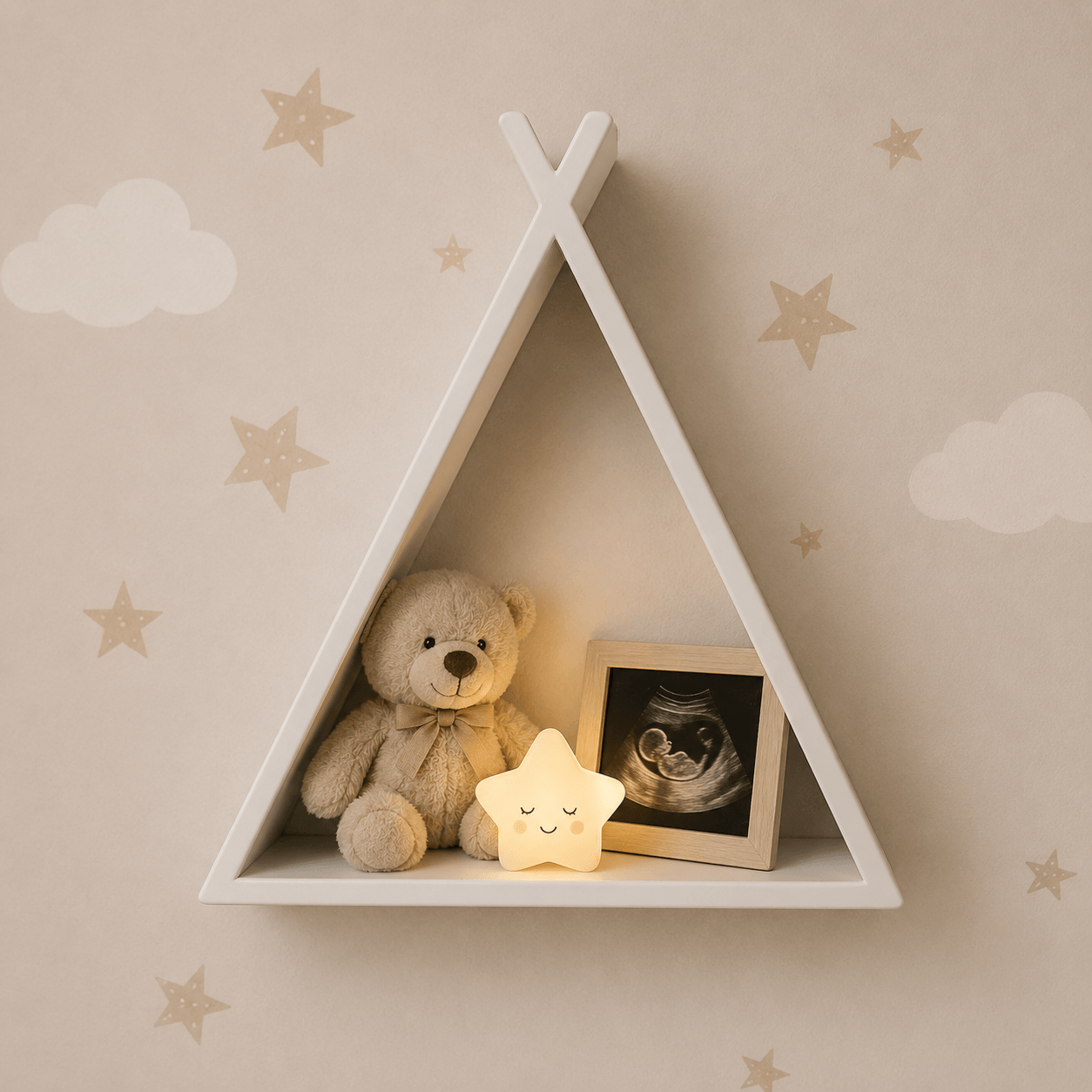 A white triangular shelf mounted on a beige wall with cloud and star decals, styled with a teddy bear, a framed ultrasound photo, and a glowing star night light.