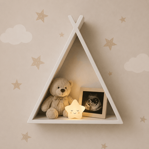 A white triangular shelf mounted on a beige wall with cloud and star decals, styled with a teddy bear, a framed ultrasound photo, and a glowing star night light.