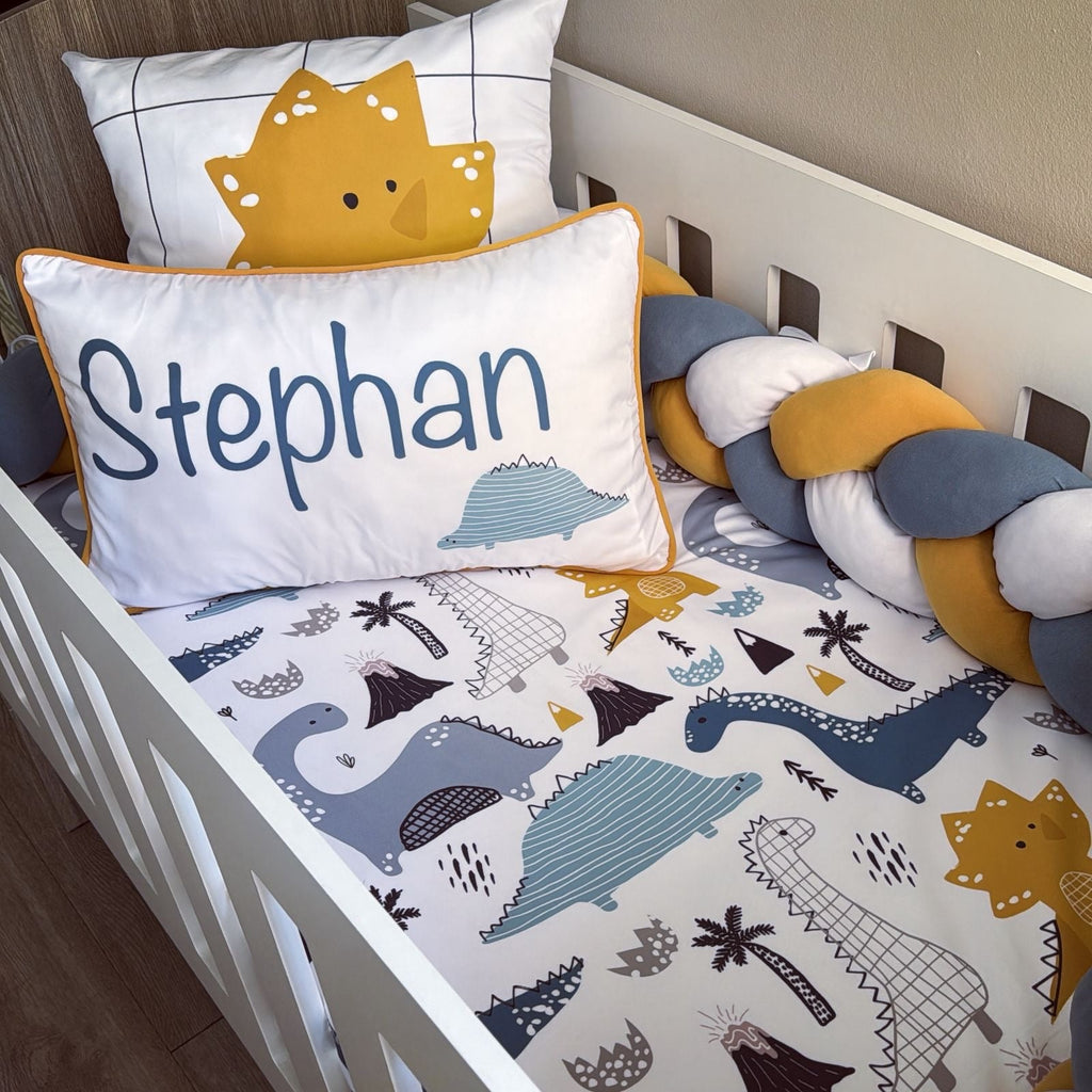 Cot Bedding - Blue Mustard Dinosaur Set 01 baby boy nursery linen set South Africa