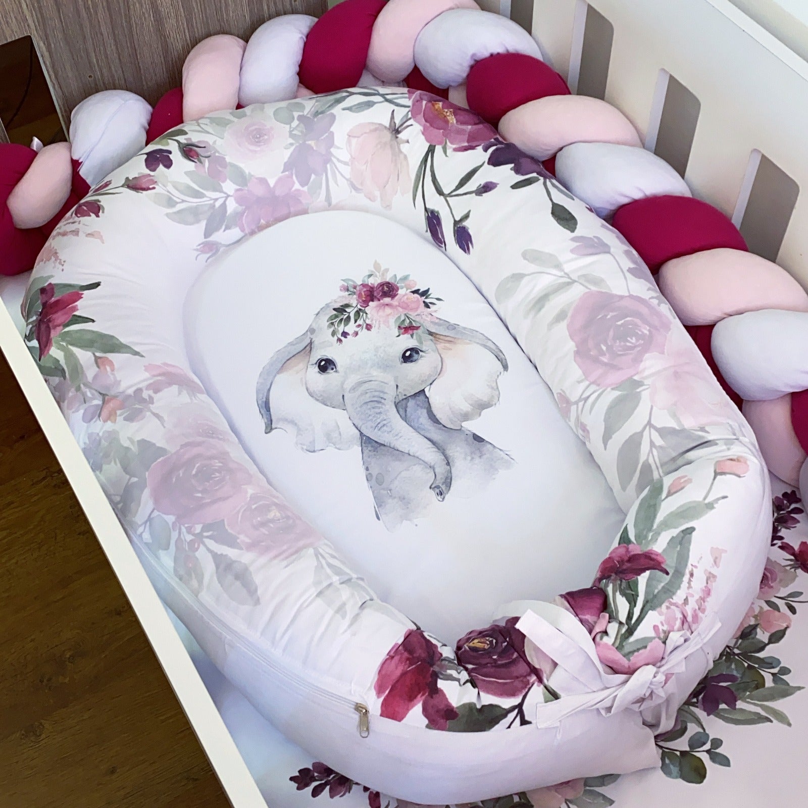 Nest - Maroon Flowers Elephant 01 baby nursery snuggle nests South Africa