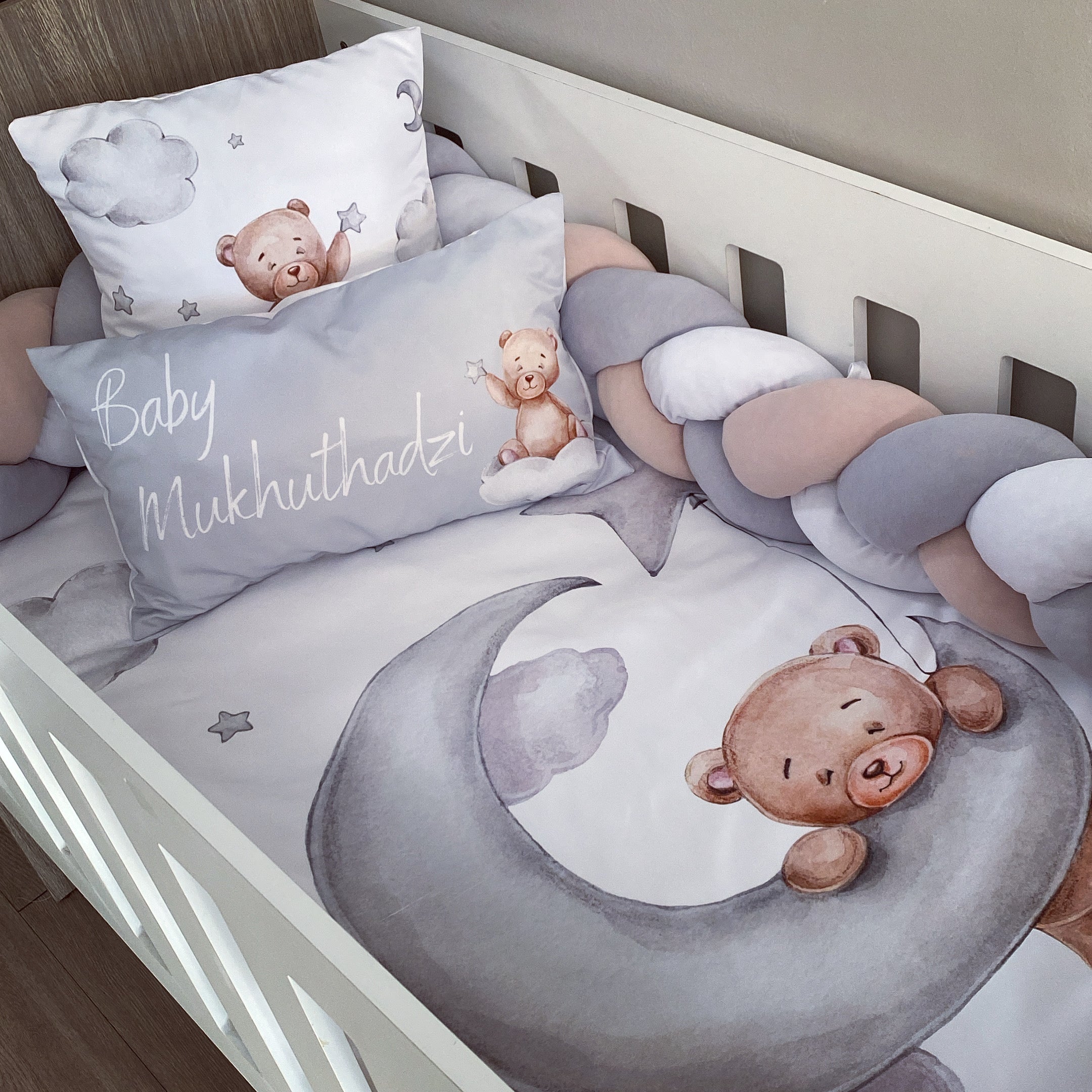 Cot Bedding - Grey Bear Set 01 baby neutral nursery linen set South Africa