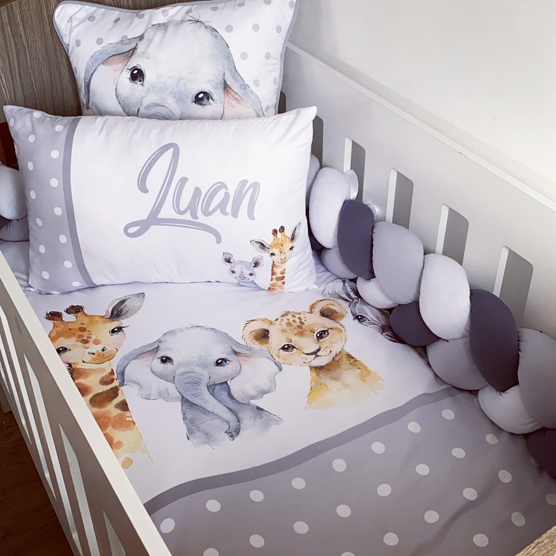 Cot Bedding - Grey Polka Safari Set 03 baby neutral nursery linen set South Africa