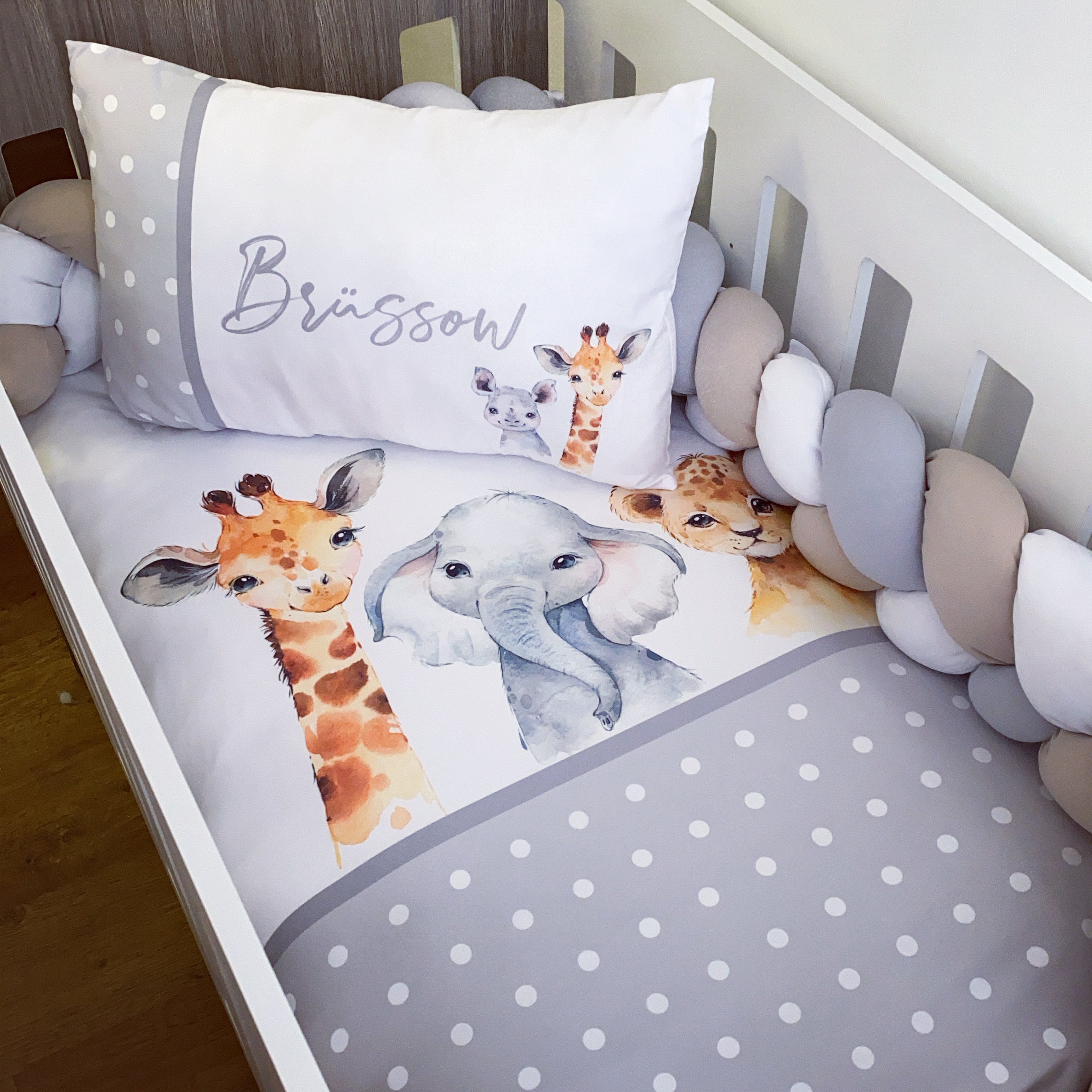 Cot Bedding - Grey Polka Safari Set 04 baby neutral nursery linen set South Africa