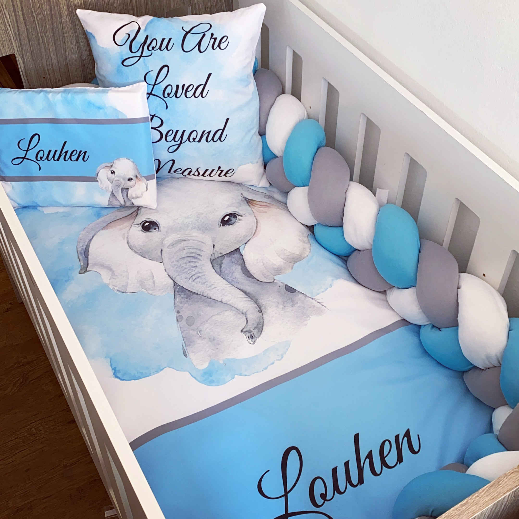 Cot Bedding - Blue Elephant Set 07 baby neutral nursery linen set South Africa