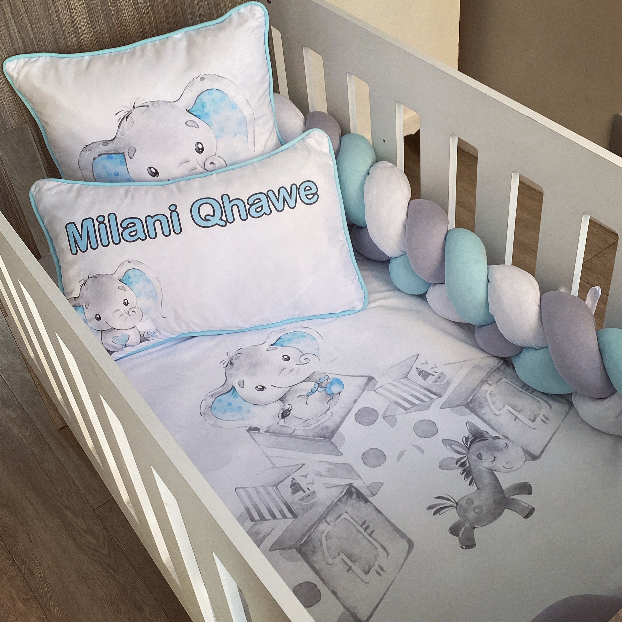 Cot Bedding - Blue Elephant Set 09 baby neutral nursery linen set South Africa