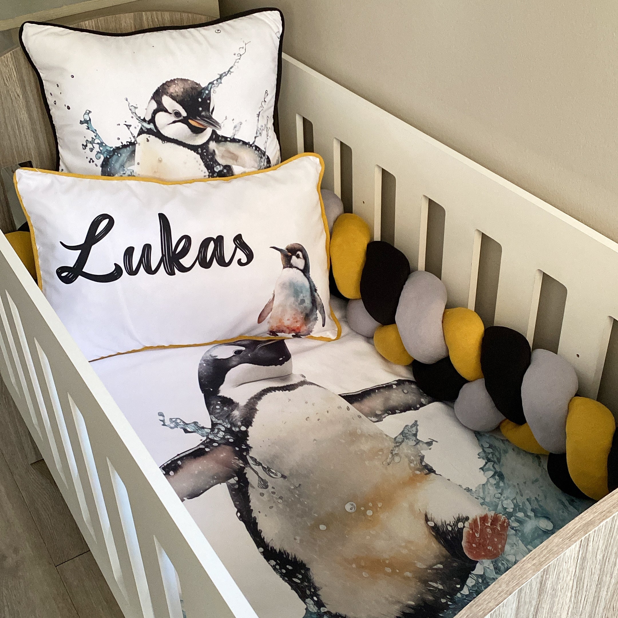 Cot Bedding - Black Yellow Penguin Set 01 baby neutral nursery linen set South Africa