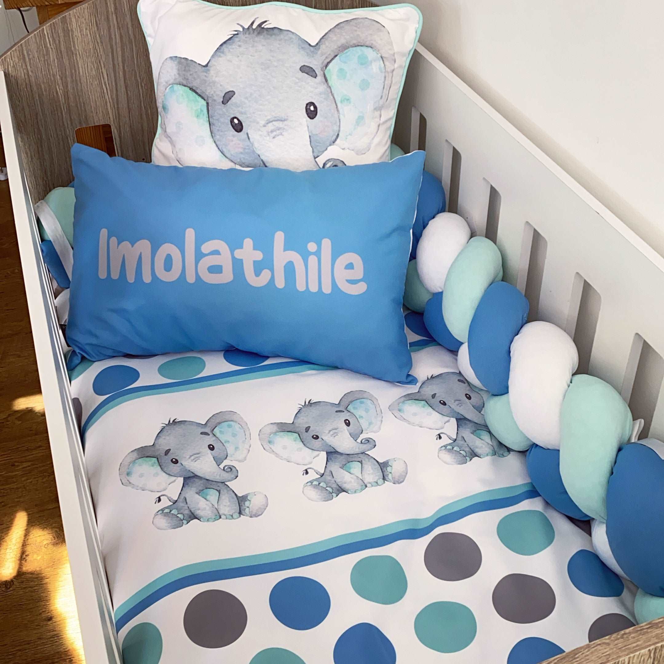 Cot Bedding - Blue Mint Elephant Set baby boy nursery linen set South Africa