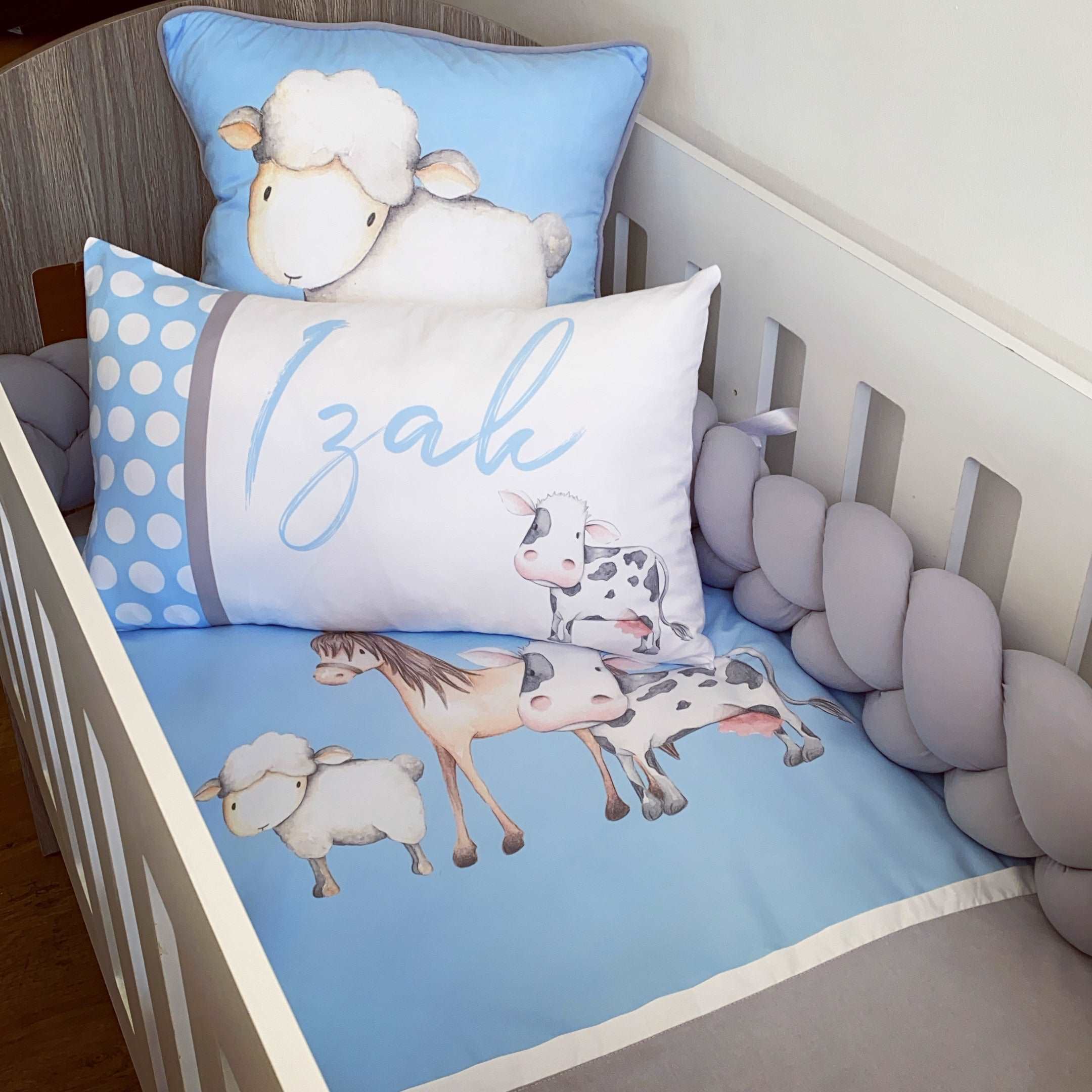 Cot Bedding - Grey Blue Farm Set baby boy nursery linen set South Africa