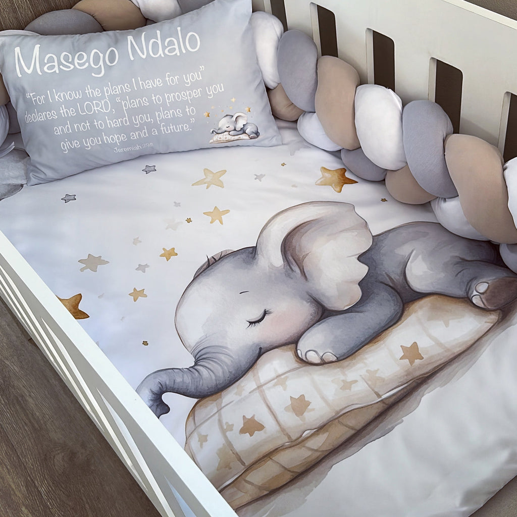 Cot Bedding - Grey Elephant Set 05 baby neutral nursery linen set South Africa