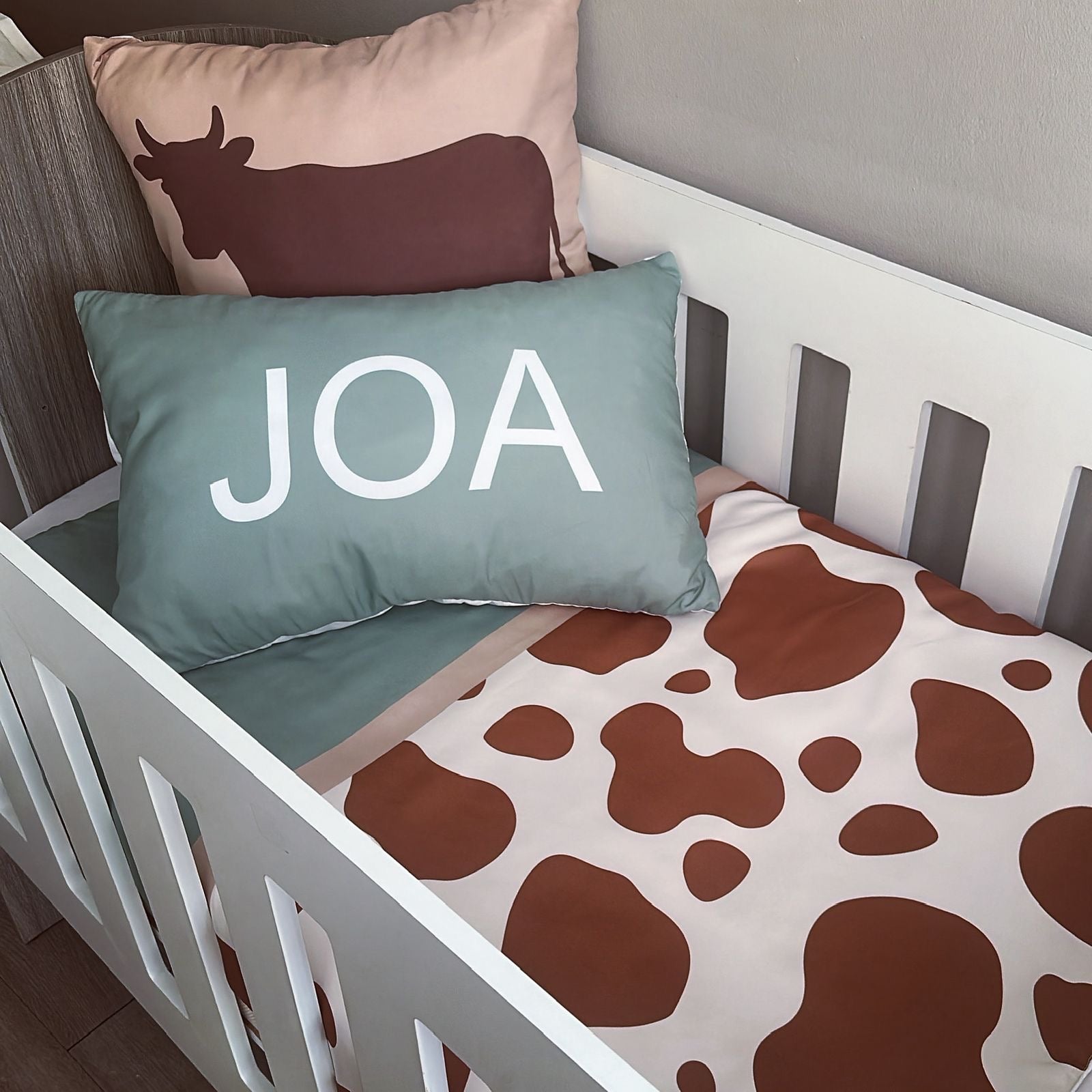 Cot Bedding - Sage Brown Cow Set 01 baby boy nursery linen set South Africa