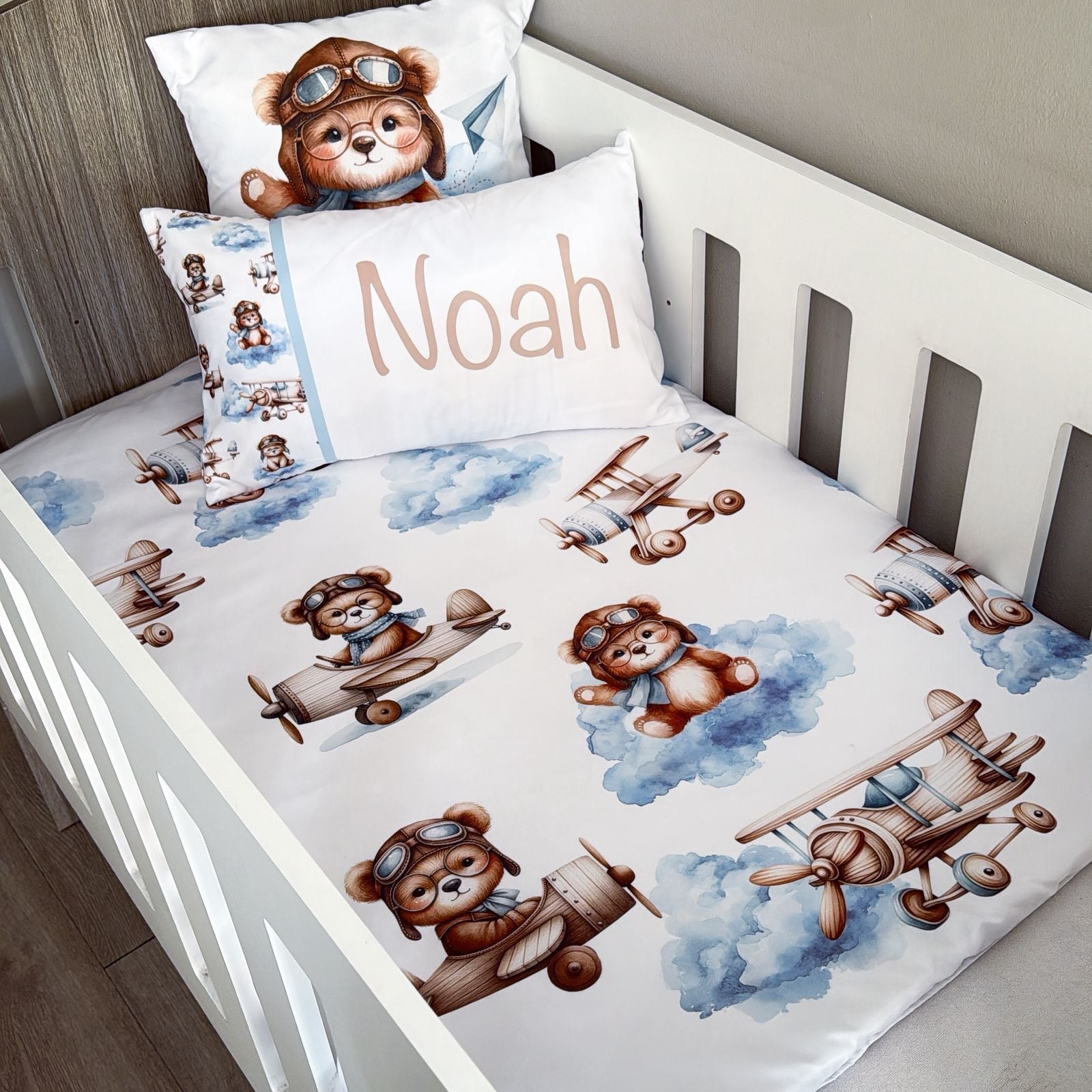 Cot Bedding - Blue Bear Plane Set 02 baby boy nursery linen set South Africa
