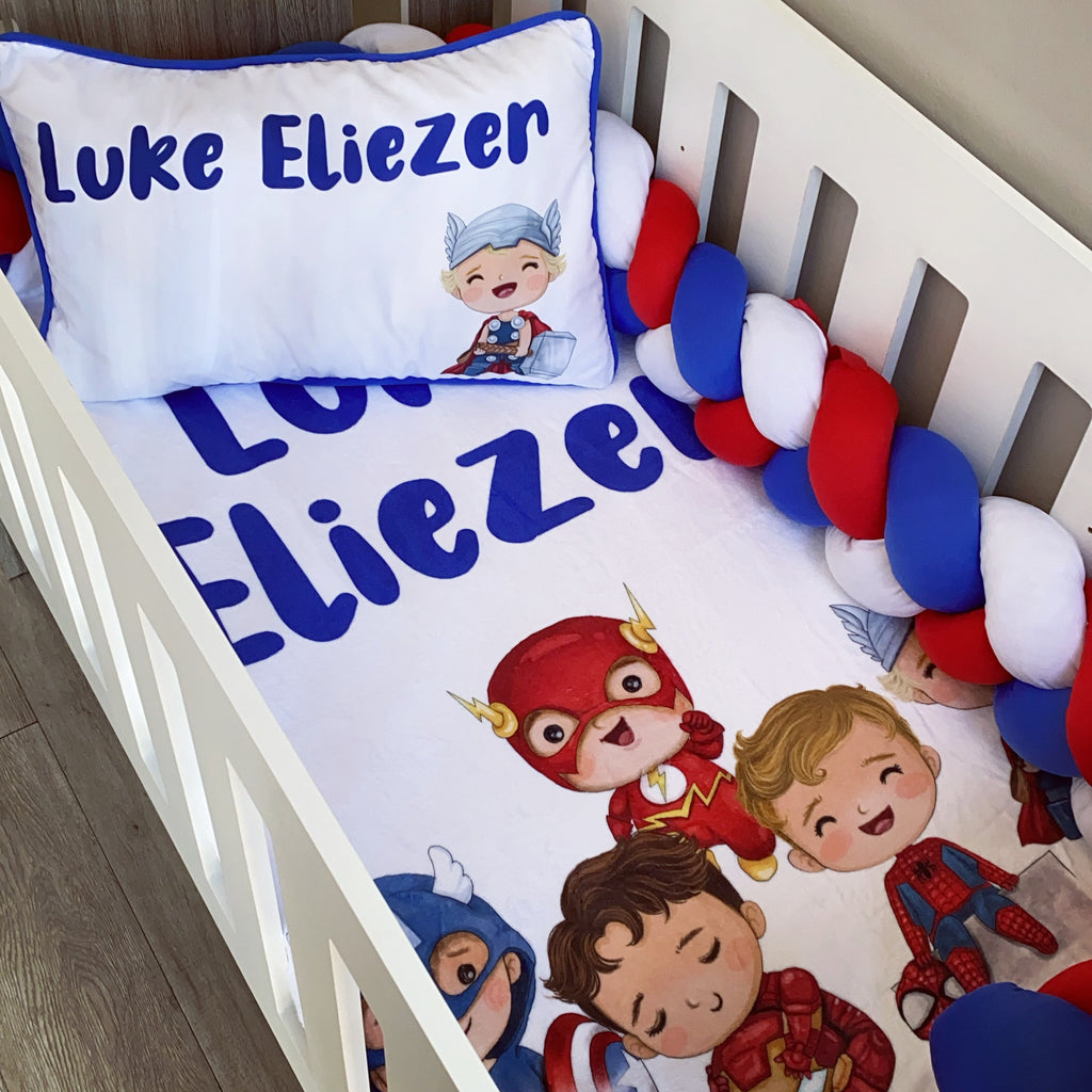 Cot Bedding - Blue Red Superhero Set 01 baby boy nursery linen set South Africa