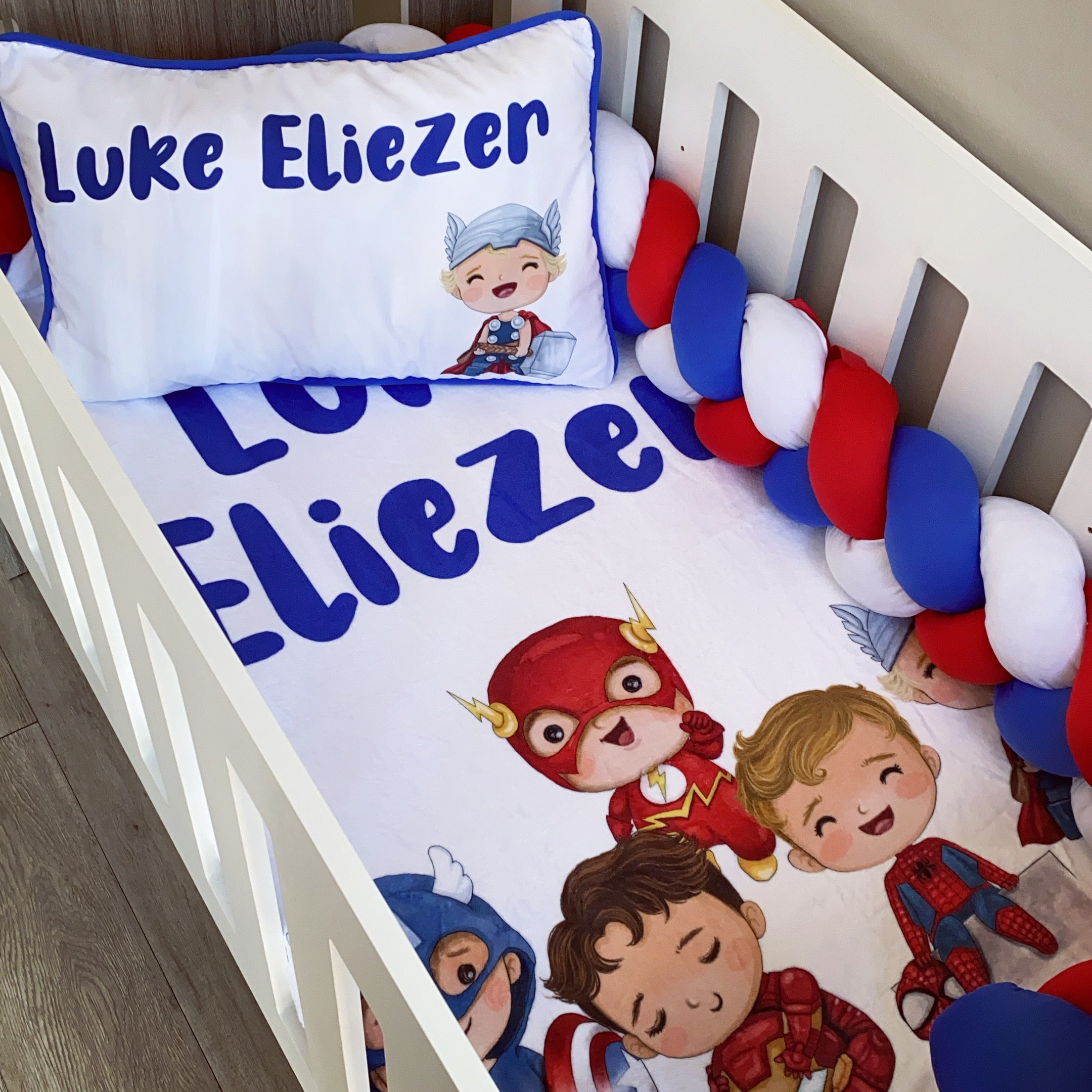 Cot Bedding - Blue Red Superhero Set 01 baby boy nursery linen set South Africa