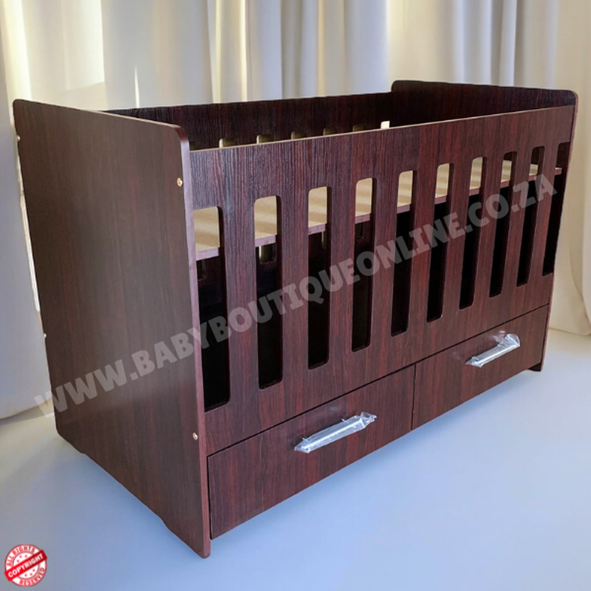 LargeWoodenCotwithSplitDrawerBurgundy in baby room 