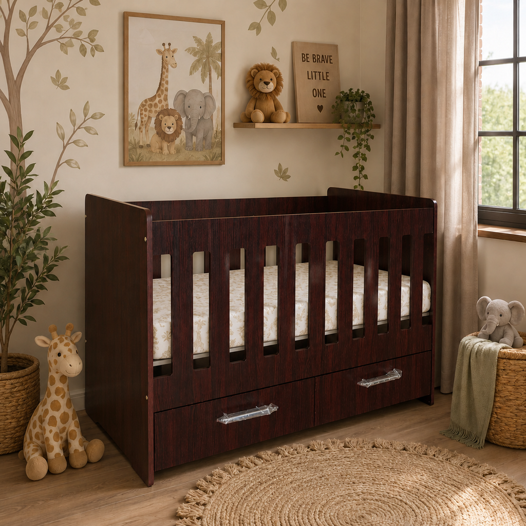 A dark brown wooden baby crib with built-in storage drawers and silver handles, styled in a warm, decorated nursery with toys, plants, and a giraffe wall decal.
