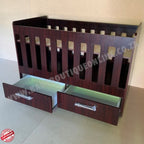 LargeWoodenCotwithSplitDrawerBurgundy with open drwers in baby room