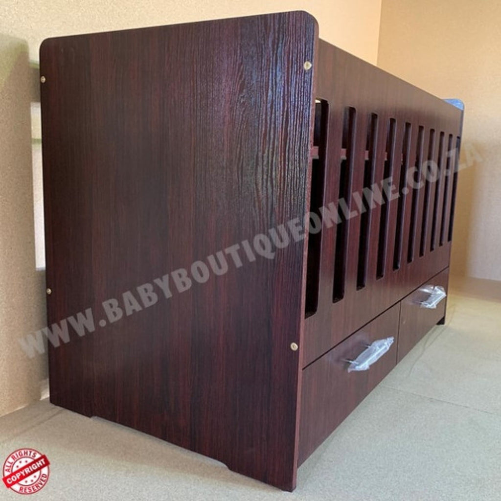 LargeWoodenCotwithSplitDrawerBurgundy in baby room