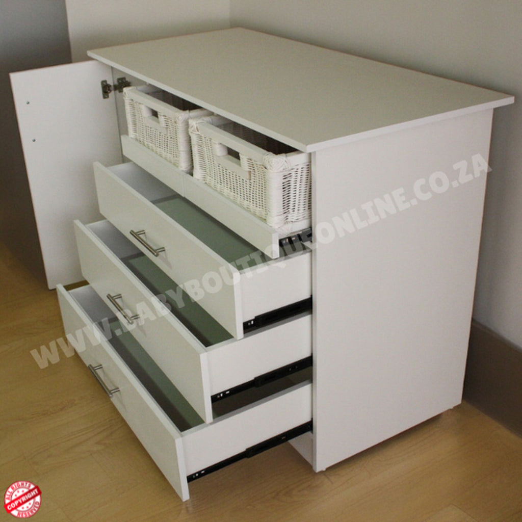 White storage unit with drawers and baskets on a wooden floor.Large Compactum With Split Baskets White B0062
