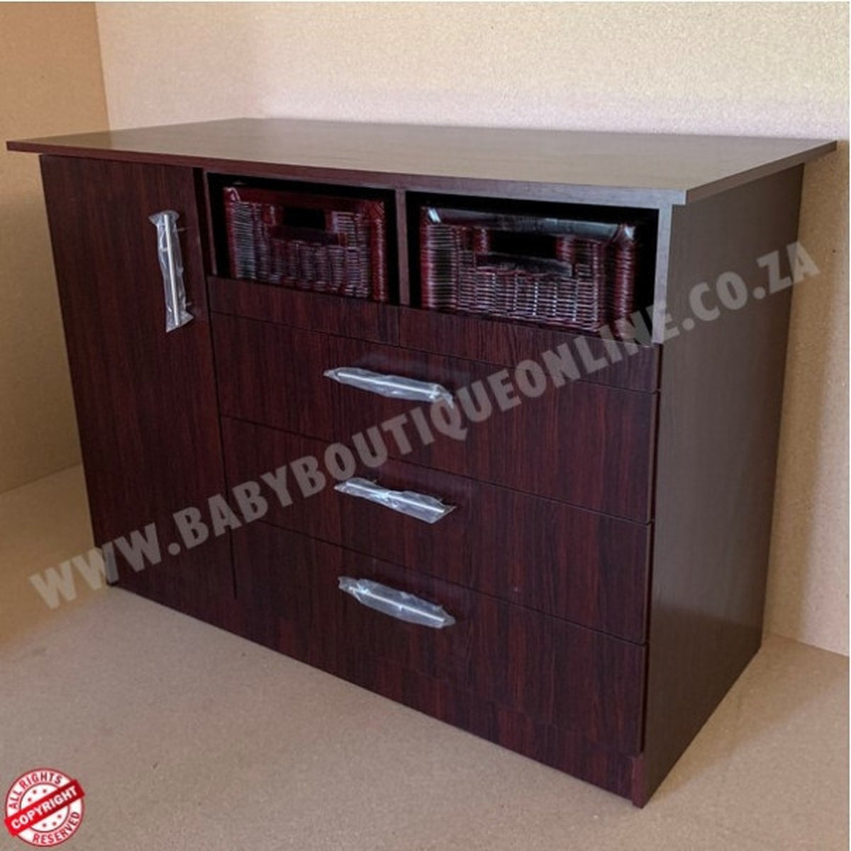 Wooden cabinet with drawers and baskets on a plain backgroundLarge Compactum Split Baskets Burgundy B0063
