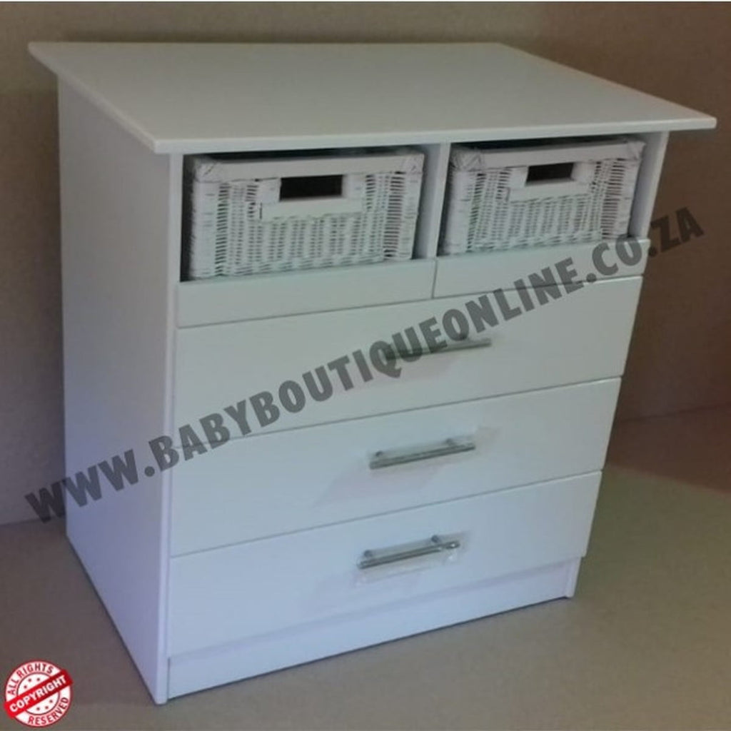 White dresser with two drawers and two baskets on a plain background