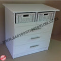 White dresser with two drawers and two baskets on a plain background