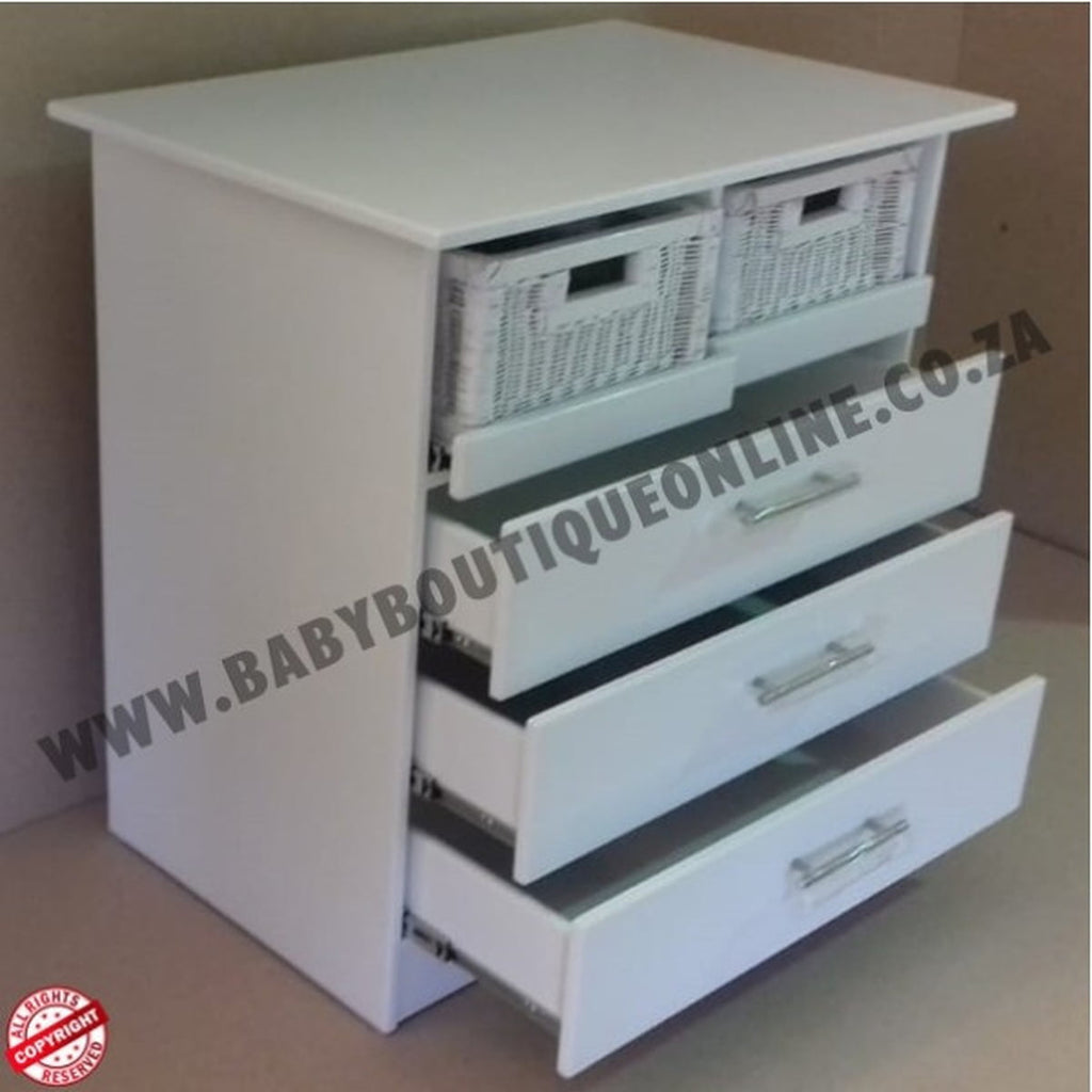 White dresser with multiple drawers on a plain background