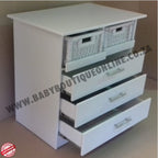 White dresser with multiple drawers on a plain background