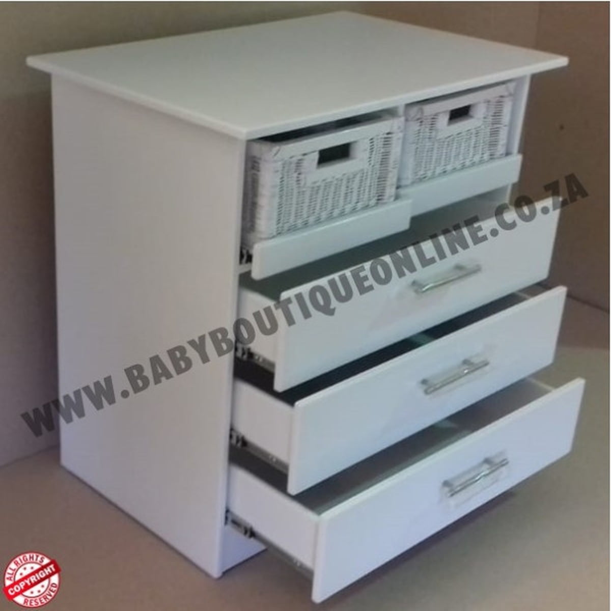 White dresser with multiple drawers on a plain background