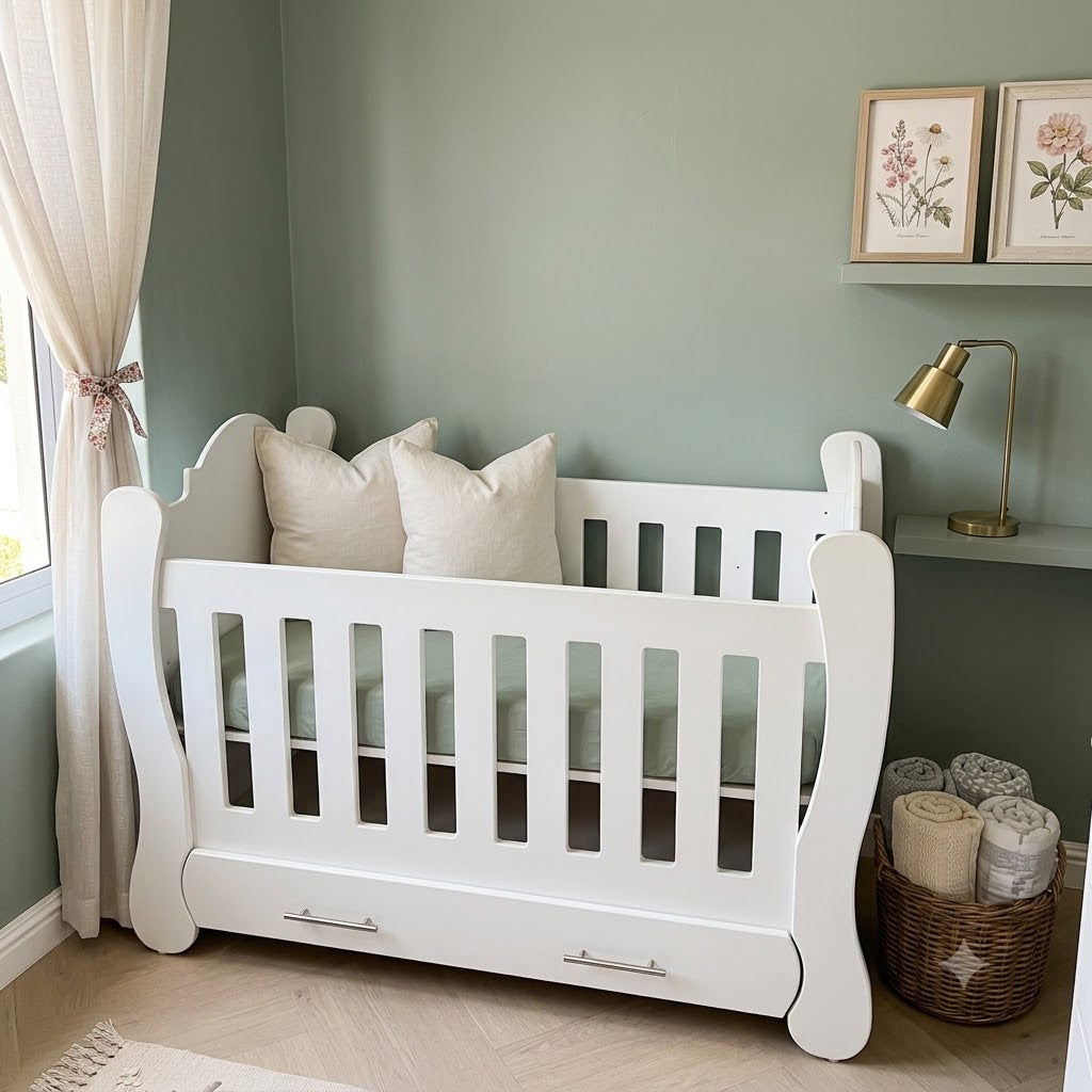 A white wooden baby crib with decorative pillows, set in a styled nursery with sage green walls, a window with sheer curtains, and a small desk area with a lamp.