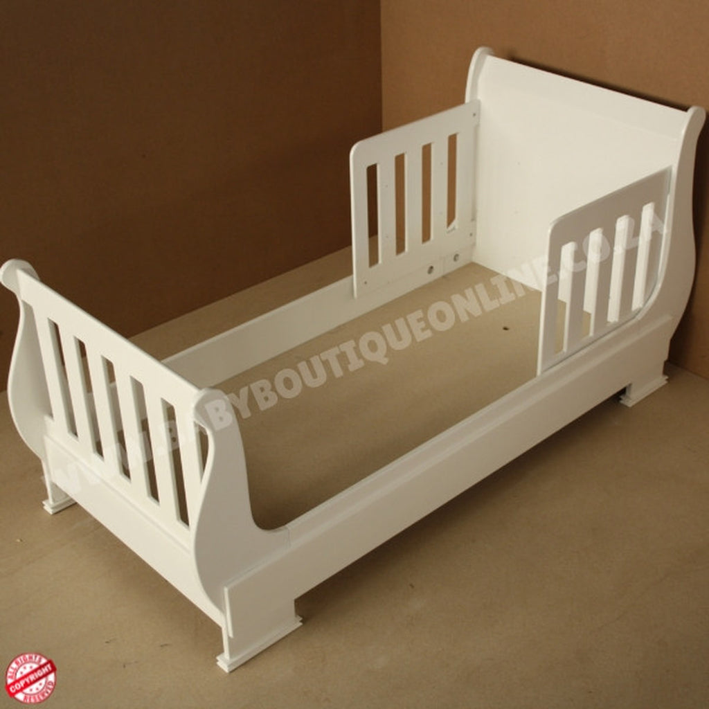 SleighCot-ConvertsintoSingleBed on a brown background with 'BYBOUTIQUEONLINE' branding.
