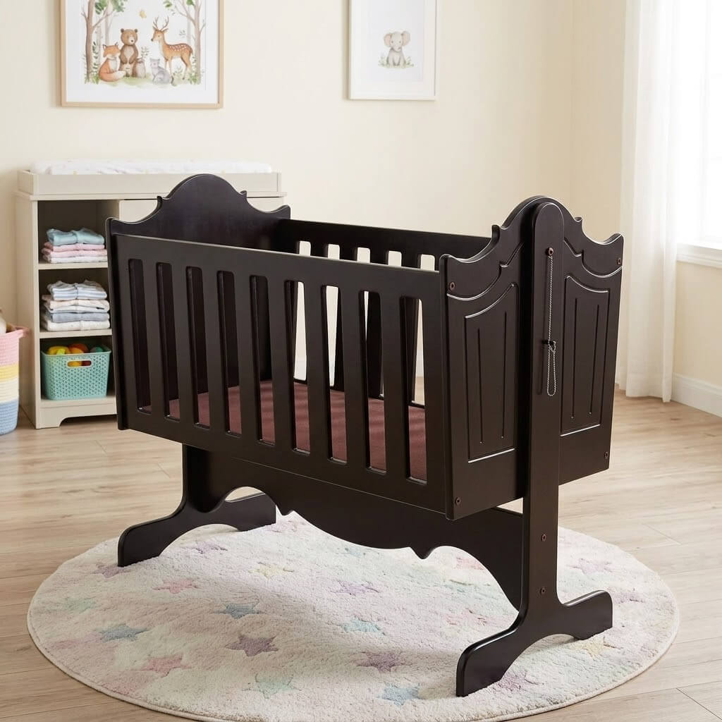 A dark brown wooden rocking crib with vertical slats and decorative headboard and footboard panels, shown in a softly styled nursery on a round pastel rug.