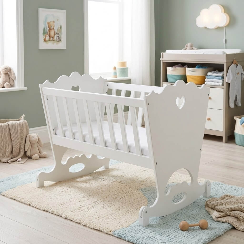 A white wooden baby crib with heart-shaped cutouts on the headboard and footboard, styled in a soft, neutral nursery with a changing table, plush toys, and a light blue rug.