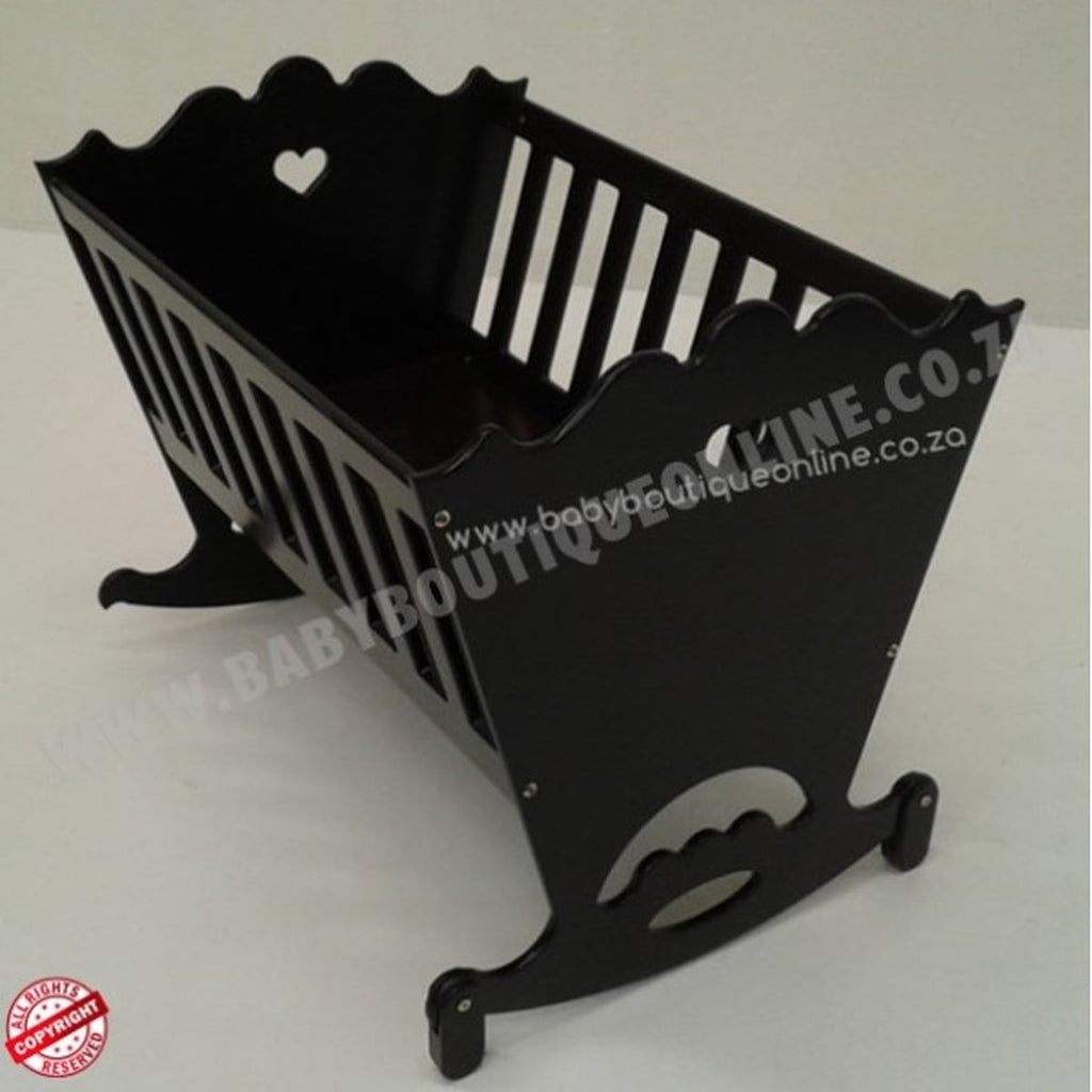 Burgandy baby crib with decorative elements on a white background